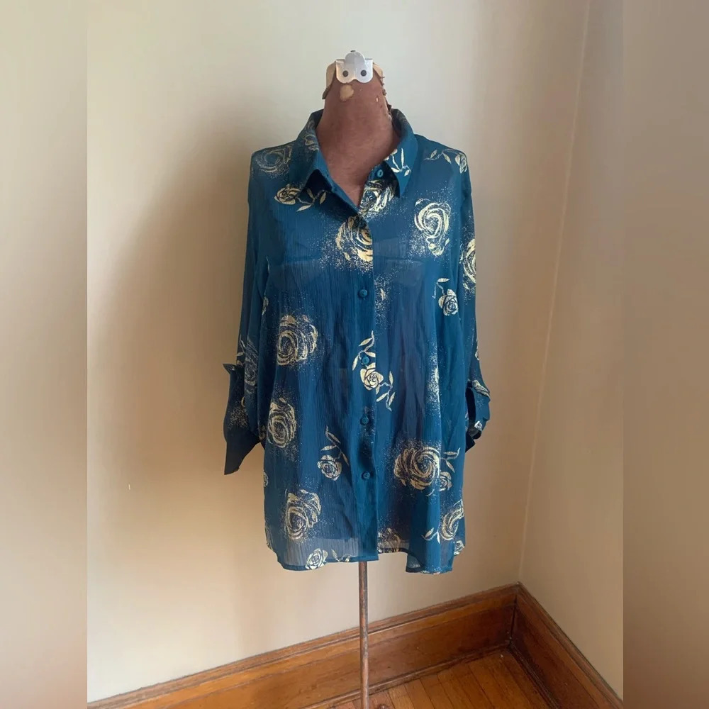 Vintage blouse, sheer gold roses button down, apparenza ahirt